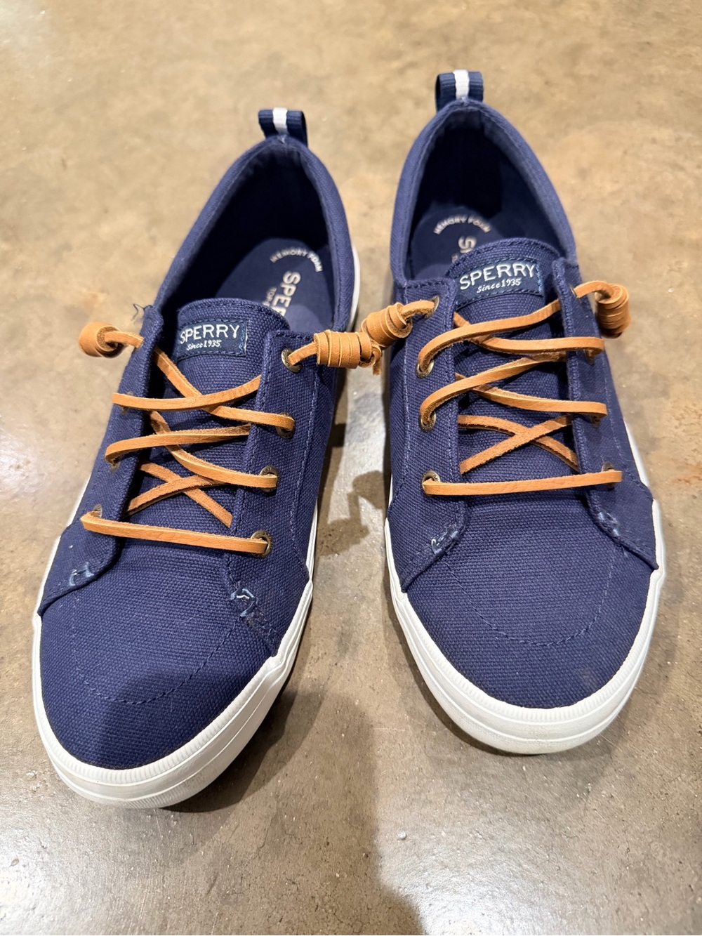 Sperry Navy Canvas Slip-On Sneakers with Tan Laces